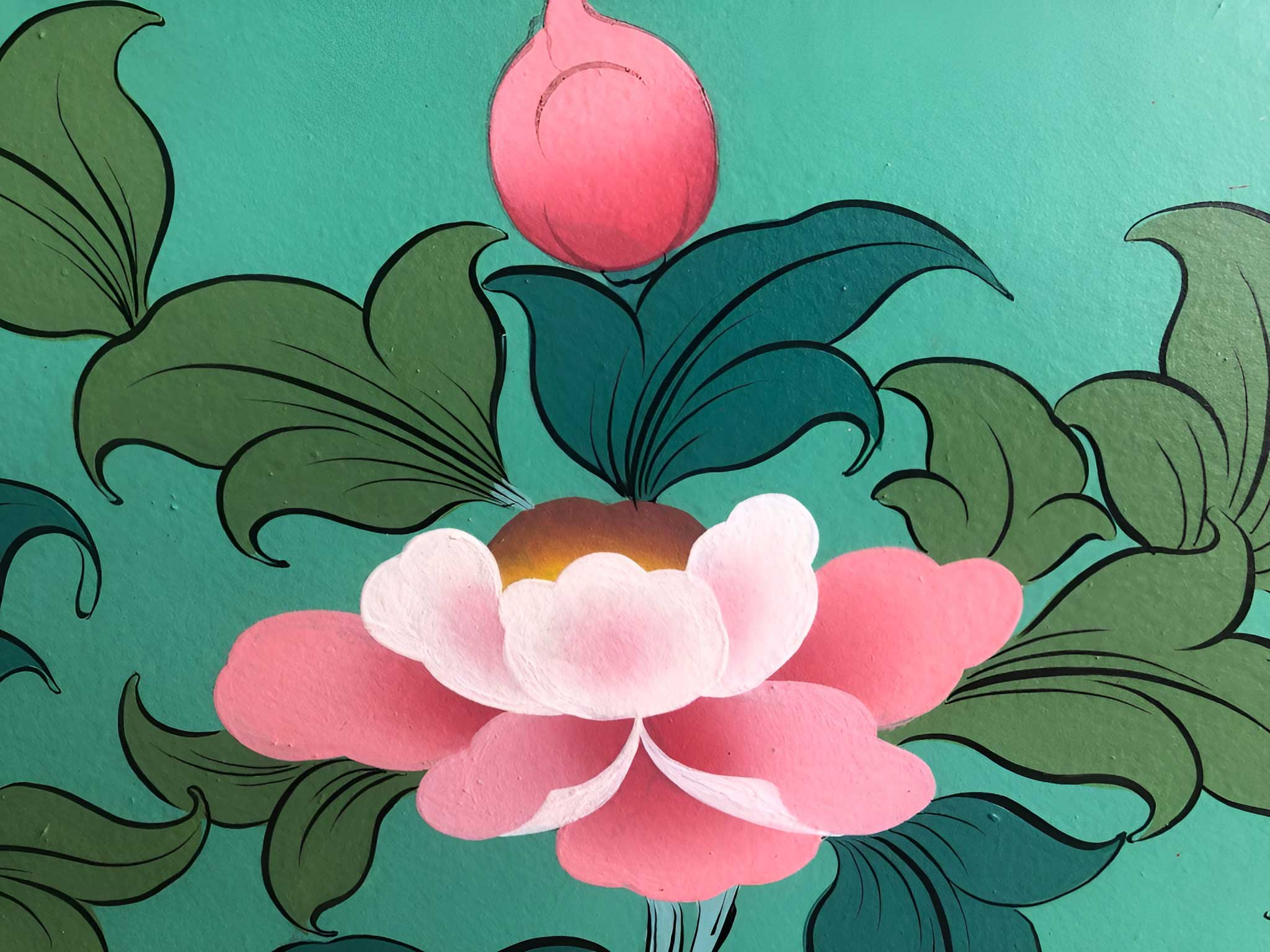 A pink lotus flower with green leaves.