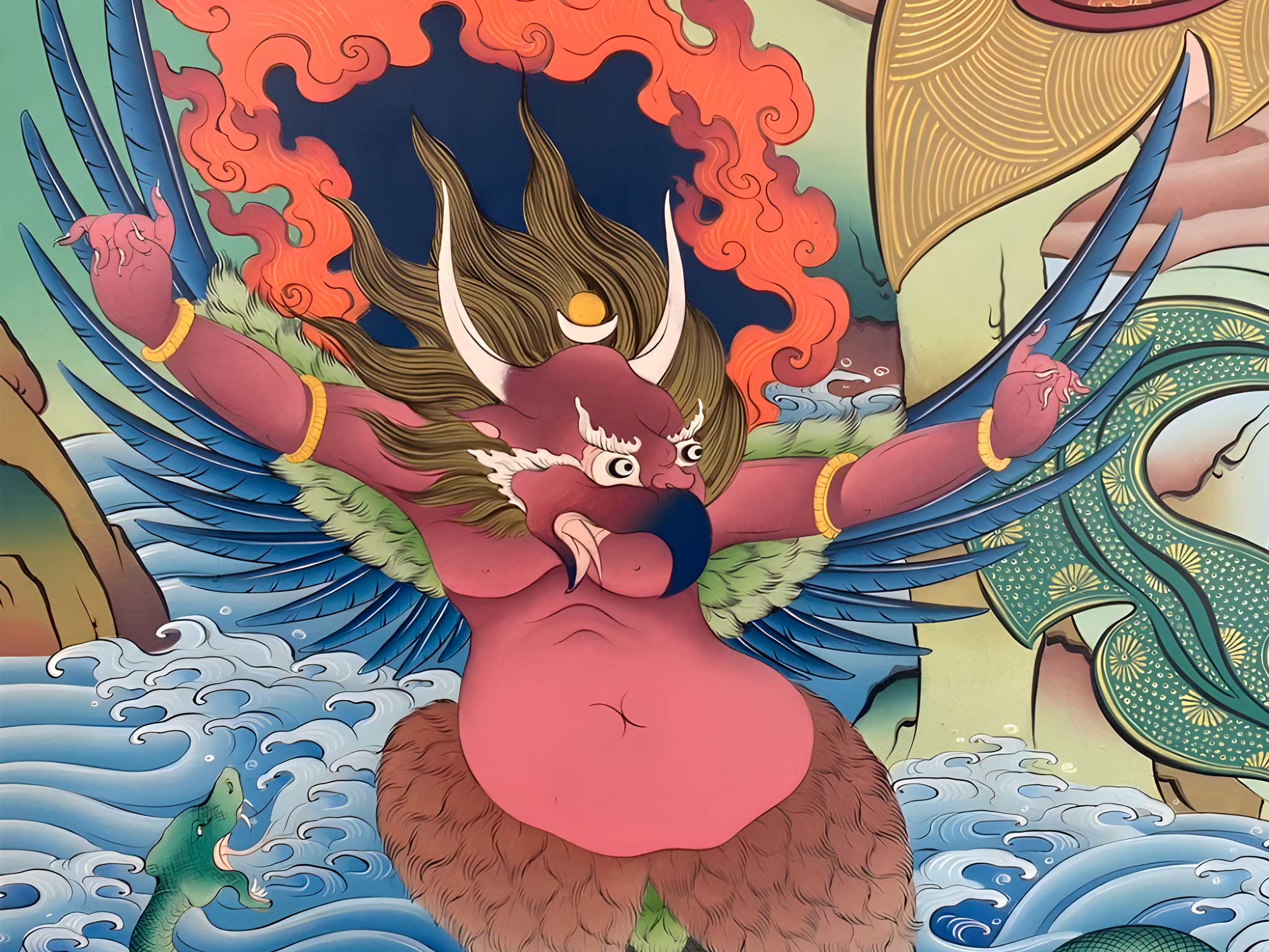 Wall painting with a beaked character with wings.