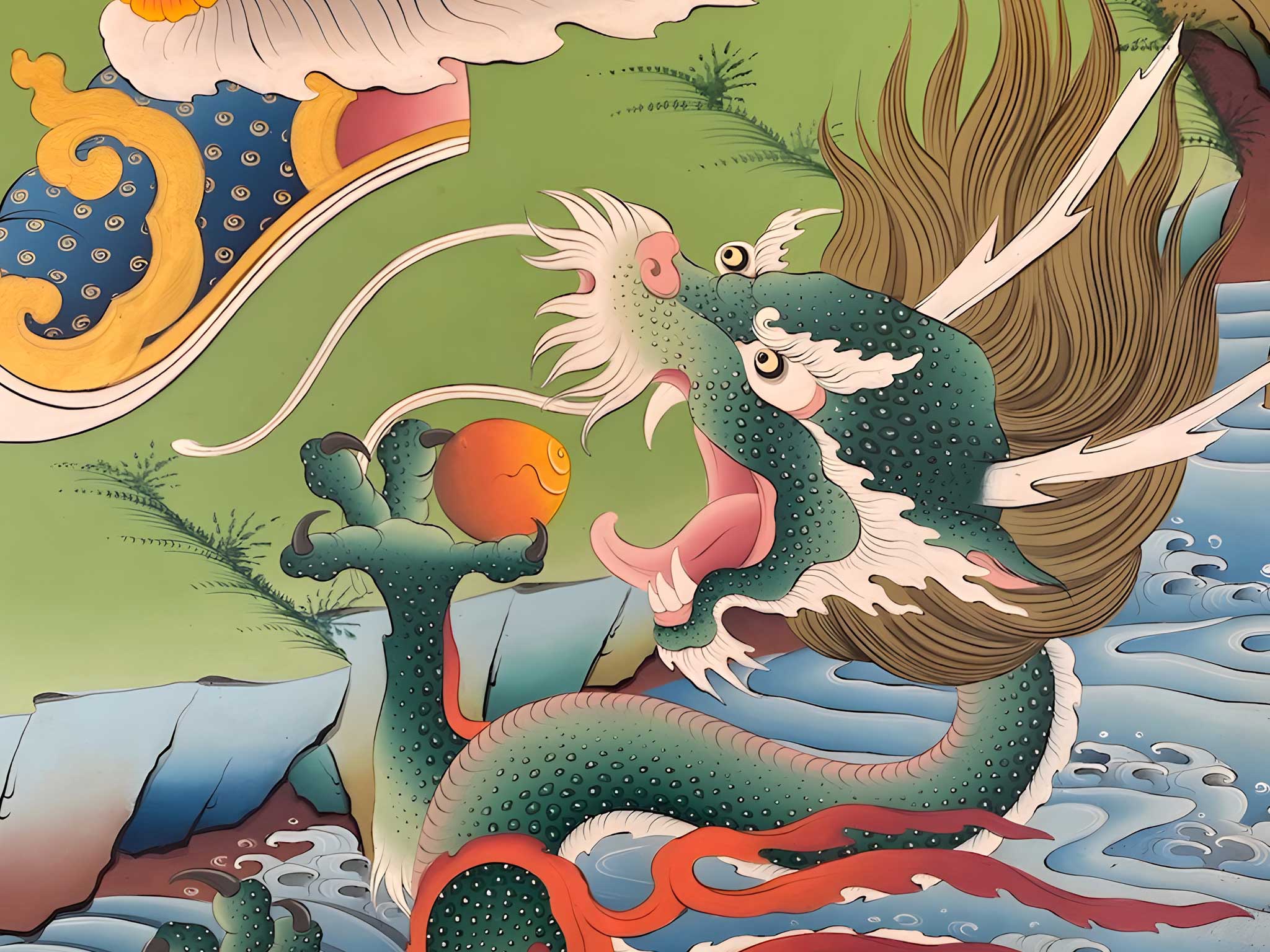 Wall painting with snake eating fruit.